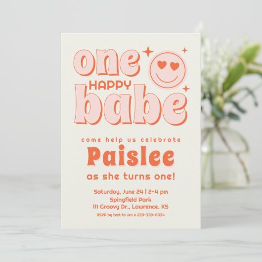 Retro One Happy Babe First Birthday Invitation (Debout devant)