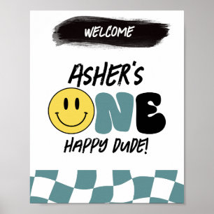Retro One Happy Man First Birthday Welcome Sign Poster