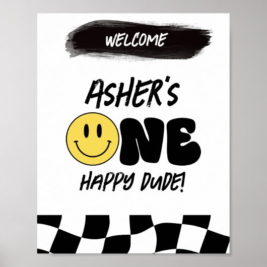 Retro One Happy Man First Birthday Welcome Sign Poster (Voorkant)