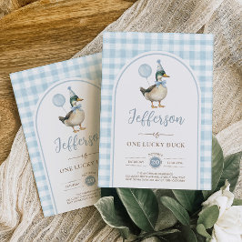 Retro One Lucky Duck Blue Balloon Boy 1e verjaarda Kaart