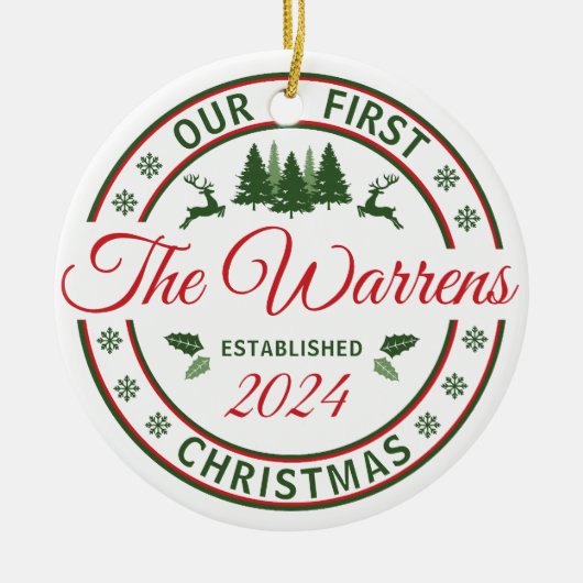 Retro onze eerste kerst bruiloften getrouwde naam keramisch ornament (Voorkant)