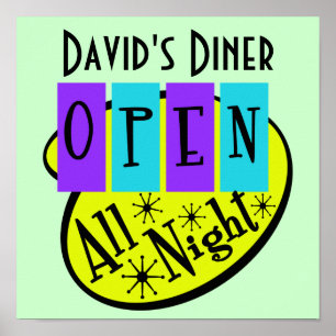 Retro OPEN DE HELE NACHT Diner bord Poster