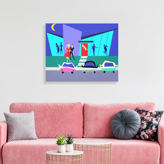 Retro Open Huis Party Uitgerekte Canvas Print (Insitu (Woonkamer))