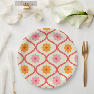 Retro Orange and Pink flowers on Ogee Pattern  Papieren Bordje