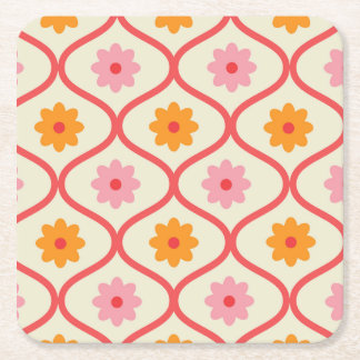 Retro Orange and Pink flowers on Ogee Pattern  Vierkante Kartonnen Onderzetter