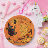 Retro Orange Witch Halloween  Papieren Bordje (Feest)