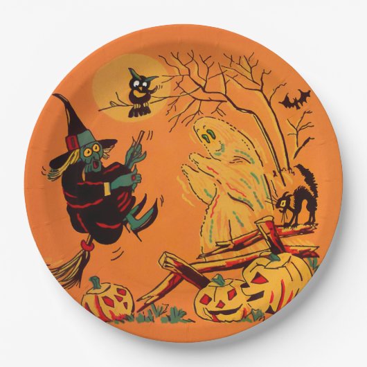 Retro Orange Witch Halloween  Papieren Bordje (Voorkant)