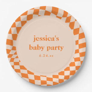 Retro Oranje Abstract Schaakbord Baby Shower Papieren Bordje