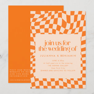 Retro Oranje Abstracte Schaak Wedding QR Code RSVP Kaart