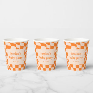 Retro Oranje Abstracte Schaakruit Baby Shower Papieren Bekers