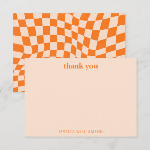 Retro Oranje Abstracte Schaakruit Persoonlijke Dou Bedankkaart