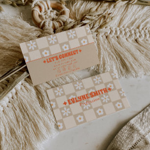 Retro Oranje Beige Geruite Groovy Bloemige Boho Visitekaartje