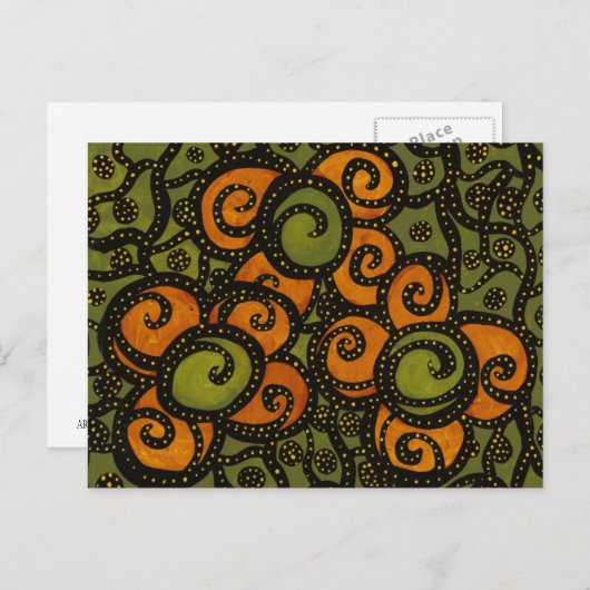 Retro Oranje bloemen op groen Briefkaart (Voorkant / Achterkant)