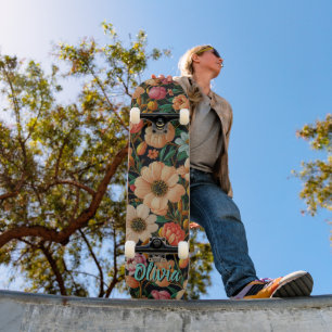 Retro oranje bloemen turquoise tulpen herfstasters skateboard