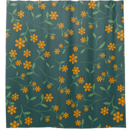 Retro Oranje Bloemmotief Donker Teal Patroon Douchegordijn