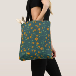 Retro Oranje Bloemmotief Donker Teal Patroon Draagtas