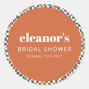 Retro Oranje Checker Paddenstoel Huwelijksdouche Ronde Sticker