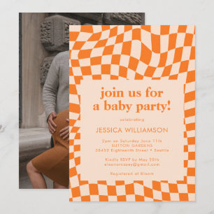 Retro Oranje Checkerboard Baby shower Foto Kaart