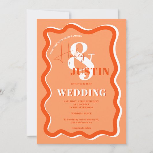 Retro oranje curve met golvende trouwfoto kaart (Voorkant)