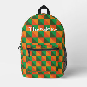 Retro Oranje en Groen Geometrisch Abstracte Naam Bedrukte Rugzak