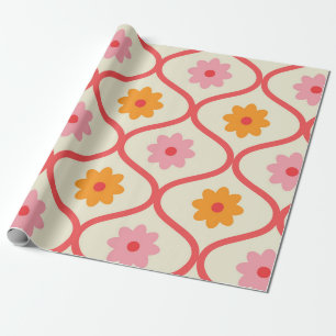 Retro oranje en roze bloemen op Ogee-patroon Cadeaupapier