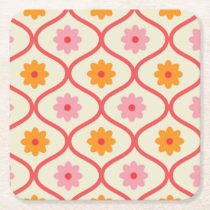 Retro oranje en roze bloemen op Ogee patroon  Vierkante Kartonnen Onderzetter