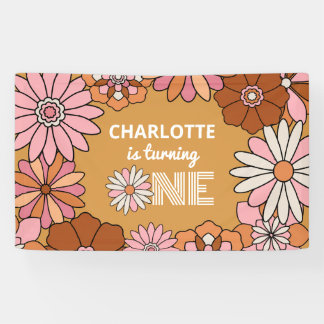 Retro Oranje en Roze Floral Daisy First Birthday Spandoek