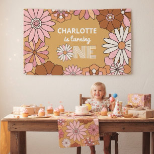 Retro Oranje en Roze Floral Daisy First Birthday Spandoek