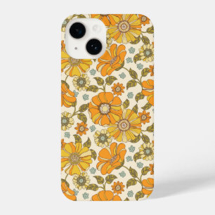  Retro Oranje Floral Patroon iPhone 14 Hoesje