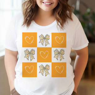 Retro Oranje Gele Coquette Boog Hart Geruit T-shirt
