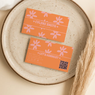 Retro Oranje Roze QR Code 70s Groovy Bloemig Meisj Visitekaartje
