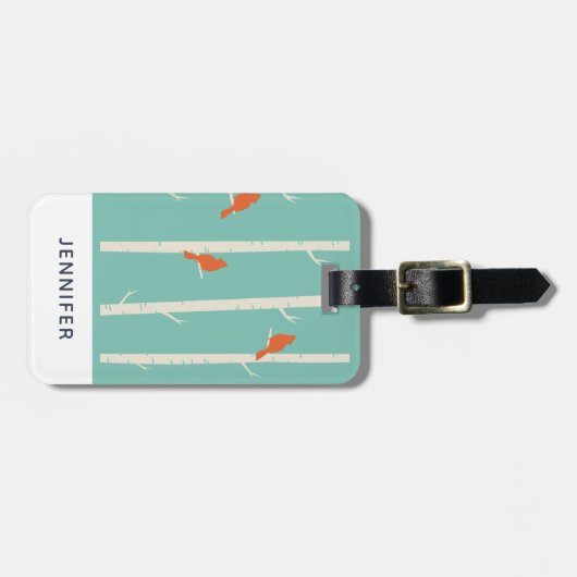 Retro Oranje vogels op afbeelding van vogelbomen Bagagelabel (Voorkant horizontaal)