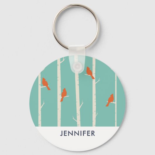 Retro Oranje vogels op afbeelding van vogelbomen Sleutelhanger (Voorkant)