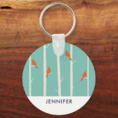 Retro Oranje vogels op afbeelding van vogelbomen Sleutelhanger (Voorkant)