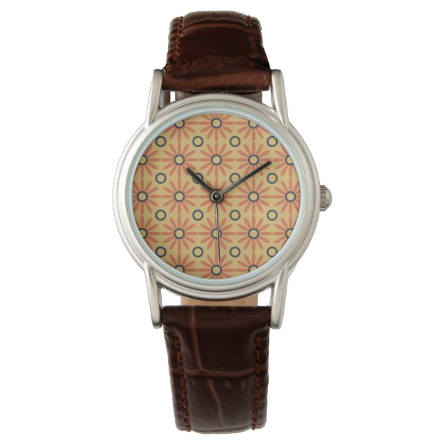 Retro Oranje & Zwarte Cute Abstracte Bloempatroon Horloge (Voorkant)