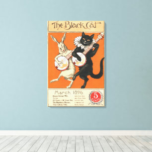 Retro Oranje Zwarte Kat Witte Konijn Banjo Kunst Canvas Afdruk