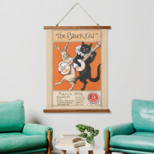 Retro Oranje Zwarte Kat Witte Konijn Banjo Kunst Hangend Wandkleed
