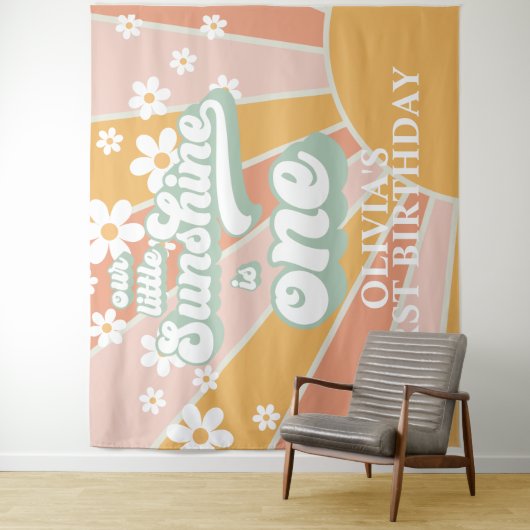 Retro Our Little Sunshine Daisy Verjaardagsbanner Wandkleed (In situ)