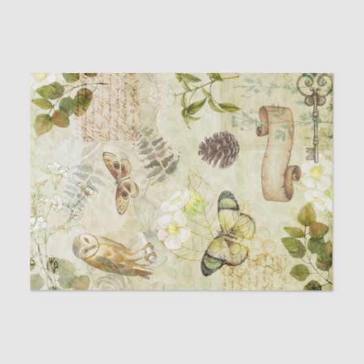 Retro Owl Butterfly Pine Leaves Floral Decoupage Tissuepapier (Voorkant)