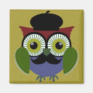 Retro Owl met Mustache Magneet