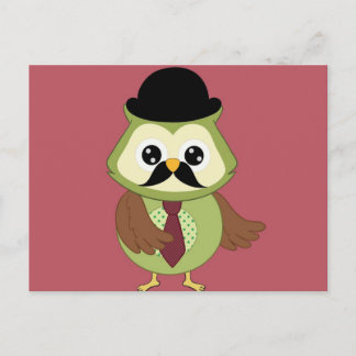 Retro Owl met Pet, stropdas en snor Briefkaart