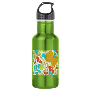 Retro Owls Leaves Fruit in Turquoise Green Brown Waterfles
