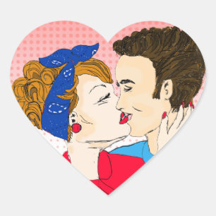 Retro paar kussen Romantische Flirty Hart Sticker