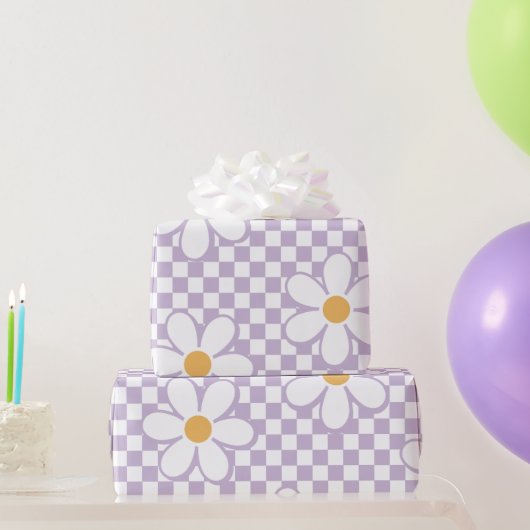 Retro Paarse Check en madeliefje Cadeaupapier (Feestgeschenken)