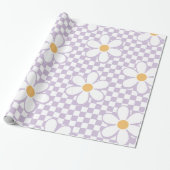 Retro Paarse Check en madeliefje Cadeaupapier (Uitgerold)