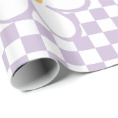 Retro Paarse Check en madeliefje Cadeaupapier (Rol Hoek)