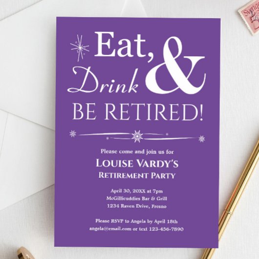 Retro Paarse Eet Drink en worden gepensioneerd Kaart