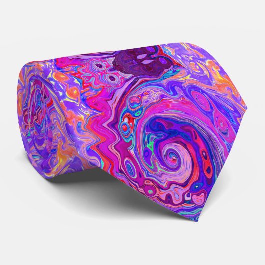 Retro Paarse en Oranje Abstracte Groovy Swirl Stropdas (Opgerold)