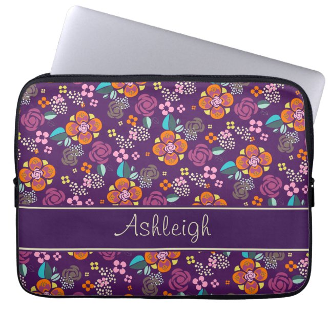 Retro Paarse Floral Pattern Laptop Sleeve (Voorkant)