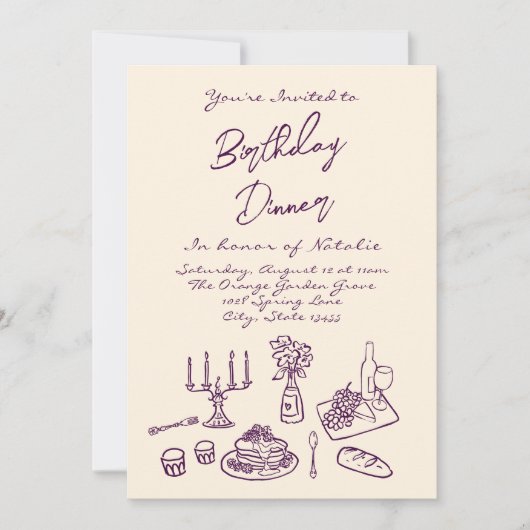 Retro Paarse getekende verjaardagsdiner foto Kaart (Voorkant)